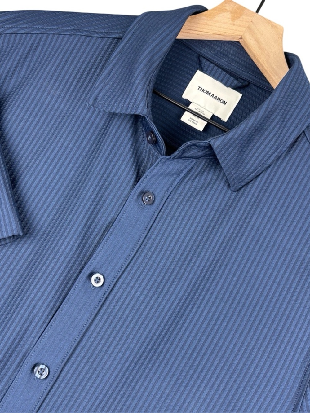 Thom Aaron Shirt Mens XL Blue Seersucker Short Sleeve Stretch